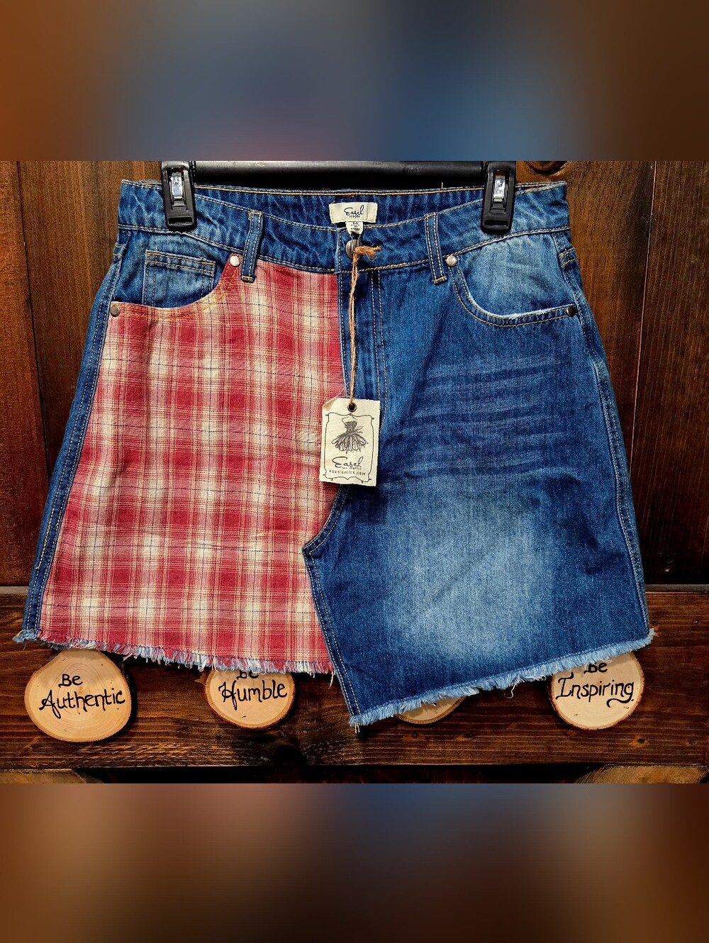 New With Tags!! Easel Red Plaid and Blue Denim Patchwork Mini Skirt
